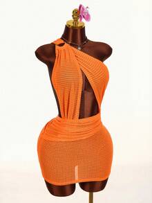 Amplova 2026新款纹理木纹装饰不对称性感迷你连衣裙 - 橘色 - 查看 9