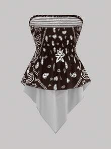 Rometta 大码女式复古腰果花无肩带吊带背心，夏季性感抹胸收腰露脐不规则下摆宽松碎花衬衫，适合丰满女孩，甜美清爽的露背吊带设计，小众外套和叠穿单品 - 棕色 - 查看 2