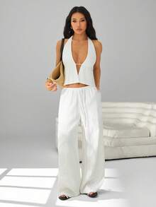 SHEIN PETITE 2 Pieces Outfits Tie Up Halter Neck Backless Tank Top And Wide Leg Drawstring Pants Set Clubwear, Vacation Outfits Women, Beach Outfits For Woman, Rave Outfits, Hawaii Outfits Women Island Vacation Outfits Linen Two Piece Set White Two Piece Set Outfit - White - View 9