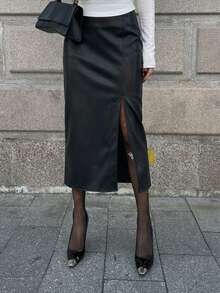 DAZY Women's High Waist Fashionable PU Solid Color Elegant Korean-Style Skirt Petite - Black - View 1