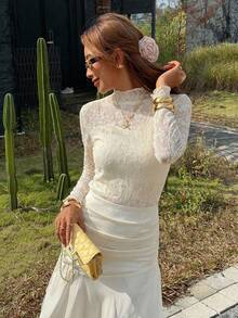 FRIFUL Women's Floral Lace Collar Long Sleeve Fitted Blouse - White - View 14