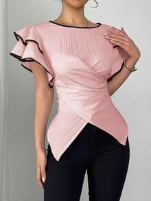 SHEIN Unity 女士双层荷叶袖系腰衬衫 - 粉色 - 查看 3
