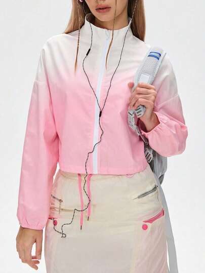 SHEIN ז'קט ספורטיבי אומברה לנשים, צווארון עומד עם שרוולים ארוכים ושרוך, מתאים ליום יום, ריצה, יוגה, חדר כושר, טניס, ז'קט ספורטיבי אופנתי ורב-תכליתי, אביב/קיץ