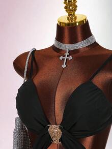 Amplova Đầm ngắn phong cách Boho cho kỳ nghỉ, cổ khoét sâu, eo sâu, dành cho nữ. - màu đen - Xem 5