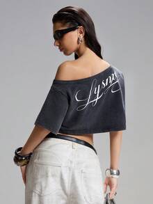 LYSMO Áo sweatshirt nữ tay ngắn dáng suông, màu xám bạc, kẻ sọc, kiểu dáng bất đối xứng, phong cách tối giản, thích hợp mặc đi chơi, phong cách đường phố Y2K, áo crop top nữ, áo kiểu nữ, áo crop top nữ mùa hè. - Màu xám đen - Xem 2