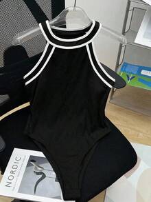 SHEIN LUNE Áo liền thân cổ yếm bằng cotton phối màu tương phản, áo liền thân thể thao thường ngày dành cho nữ, áo liền thân màu đen. - Nhiều màu - Xem 3