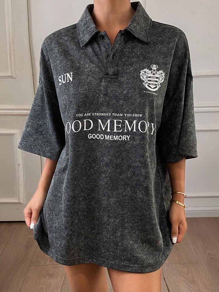 Women's Summer Turndown Collar Short Sleeve Loose Pullover Distressed Fabric Printed Casual Street T-Shirt Graphic Tees Women