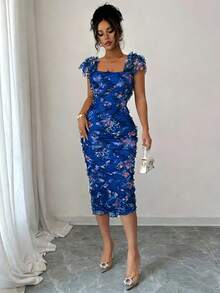 Elenzga Đầm midi nữ thanh lịch, lãng mạn, chất liệu lưới in họa tiết, xếp ly, thích hợp cho mùa cưới, tiệc tùng, hẹn hò, đi chơi thường ngày, mùa xuân/hè. - Màu xanh hải quân - Xem 4