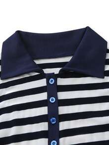 GlowEve 海军蓝条纹翻领不对称腰身长裤优雅两件套女装 - 藏蓝色 - 查看 4