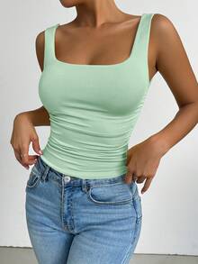 SHEIN PETITE Manbo 薄荷綠方領無袖針織上衣，夏季休閒女裝，適合各種場合，時尚街頭風，適合電音節、派對、夜店、演唱會，適合嬌小女性 - 綠色 - 查看 6