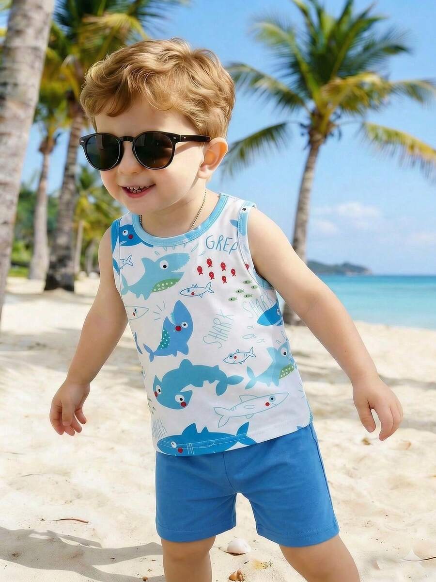 Baby Boy Letter & Fish Print Round Neck Top And Shorts Casual Daily Outfit - White - View 1