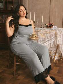 Côtesoire Plus Size French Style Knit Comfortable Lace Patchwork Draped Collar Ruffle Strap Jumpsuit Pajama Set - Grey - View 6
