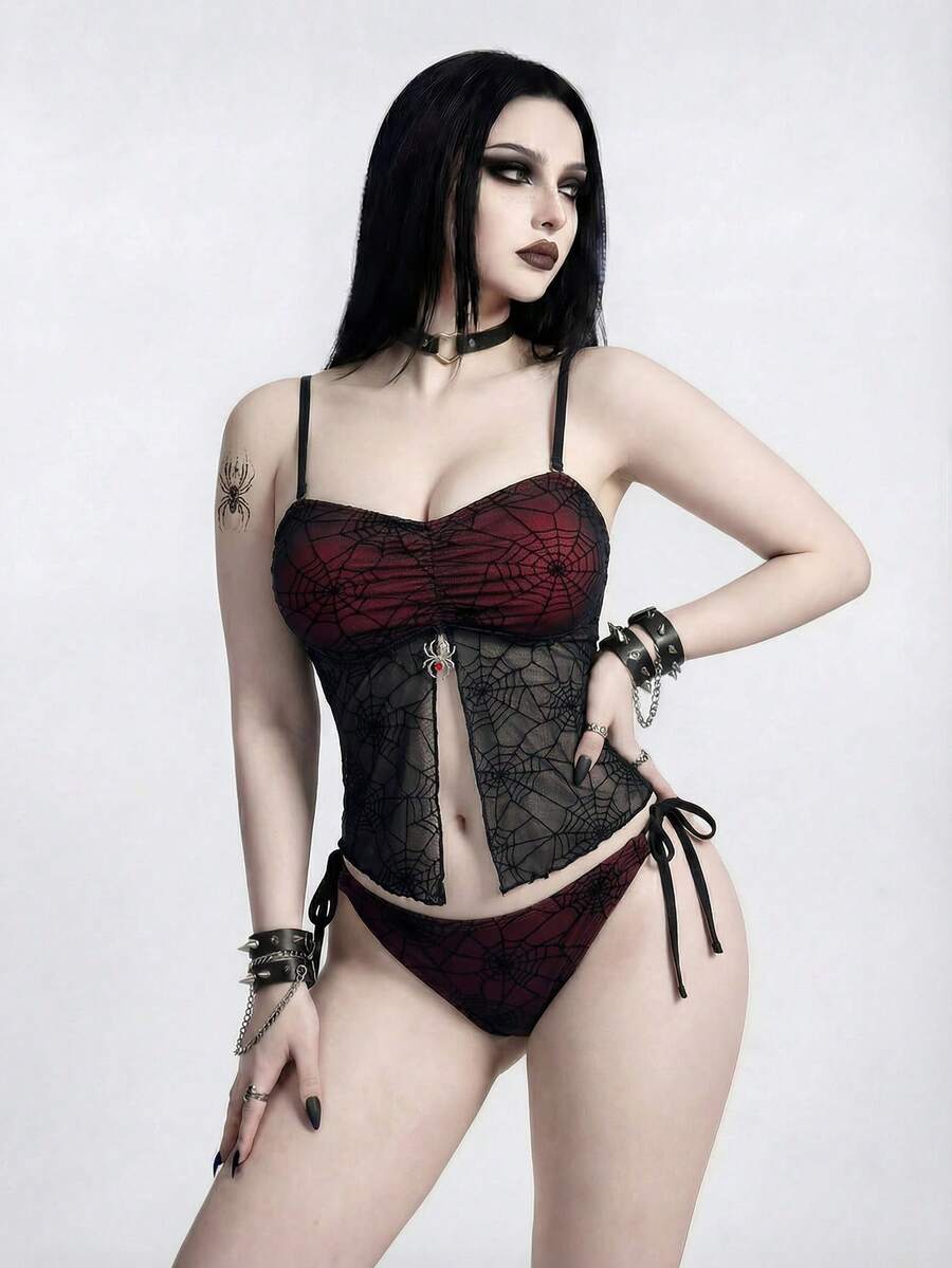 ROMWE Bộ bikini hai mảnh phong cách Gothic dành cho nữ, màu đen và đỏ, họa tiết mạng nhện lưới nhung kết hợp mặt dây chuyền hình nhện, gồm áo quây và quần bơi buộc dây bên hông (dây đeo có thể tháo rời), màu đen/đỏ/đỏ tía, hoàn hảo cho các lễ hội, tiệc tùng, kỳ nghỉ và kỳ nghỉ xuân. Áo tắm tankini phong cách Gothic. Bộ áo tắm tankini dự tiệc lễ hội. Bộ đồ bơi phong cách Gothic Punk. - Nhiều màu - Xem 1