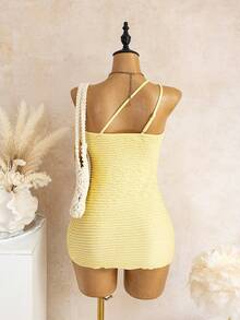Bellisia Women's Yellow Summer Casual Vacation Holiday Backless Camisole High Waist Bodycon Dress,Hibiscus Accessory Elegant Wavy Bikini Swimsuit Coverup - Yellow - View 3