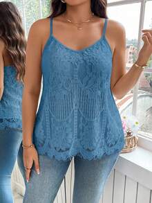 Reflora Plus Size Women Floral Lace Camisole - Mint Blue - View 6