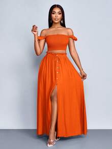 SOLERSUN Women's Petite Size Vacation Elegant Orange Boho Two Piece Outfit, Off Shoulder Ruffle Trim Crop Top & Button Front High Slit Maxi Skirt Matching Set For Summer Vacation Beach, Women Two Pieces Outfits,Casual Daily Wear,Off Shoulder Crop Top & Slit Maxi Skirt For Beach & Summer Looks - Orange - View 5