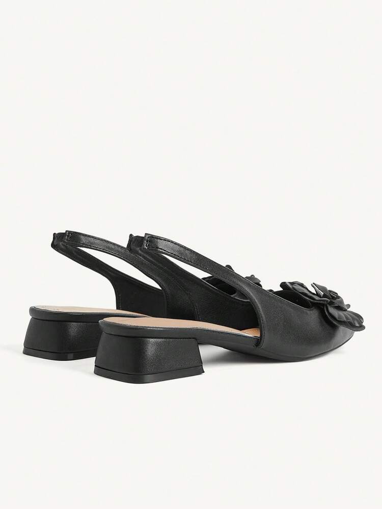 CUCCOO CHICEST Women Shoes Fashion Black Three-Dimensional Flower Back Strap Low Heel Square Toe Commuting Versatile Elegant Party Vacation Women Flat Shoes Slingback Shoes