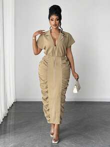 Maweii Đầm ngắn tay dáng ôm eo thời trang dành cho người có thân hình đầy đặn, thích hợp mặc đi làm. - Màu Khaki - Xem 2