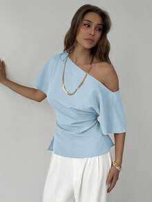 Aloruh New Apricot Versatile Minimalist Commuter Asymmetric Batwing Sleeve Pleated Waist Fitted Pullover Blouse,Summer Top - Blue - View 6