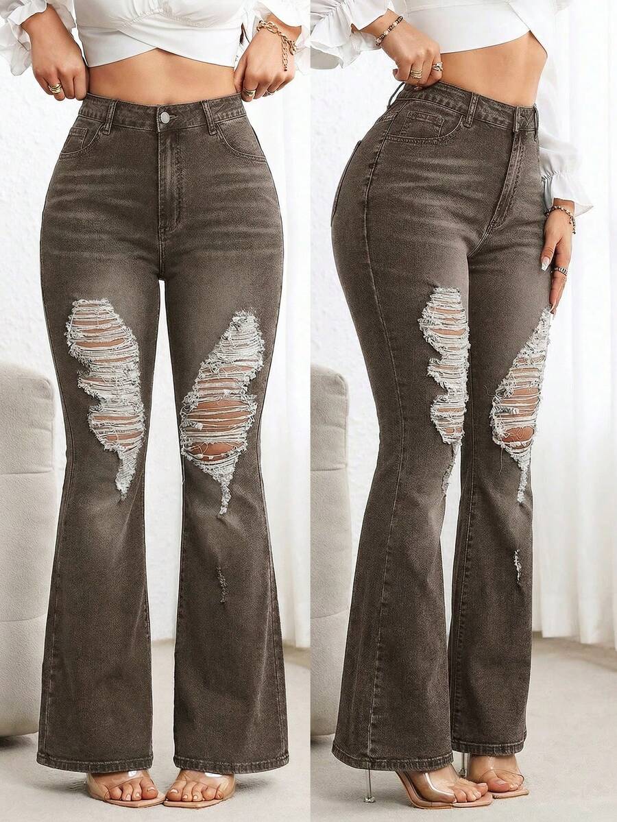EMERY ROSE Plus Size Women High Waist Pockets Distressed Flare Leg Jeans - Coffee Brown - View 1