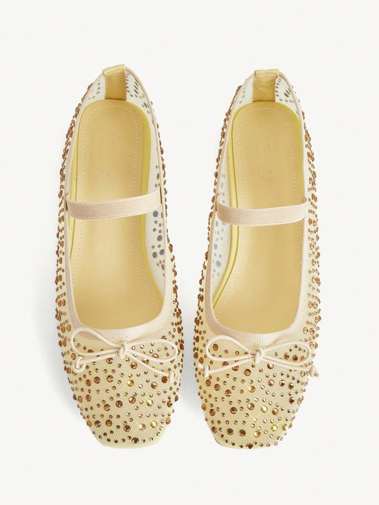 CUCCOO CHICEST Women Shoes Spring And Summer Fashion Light Yellow Full Diamond Mesh Yarn Small Bow Elastic Band Women's Flat Shoes Elegant Comfortable Breathable Cute Sweet Mary Jane Flat Women's Shoes