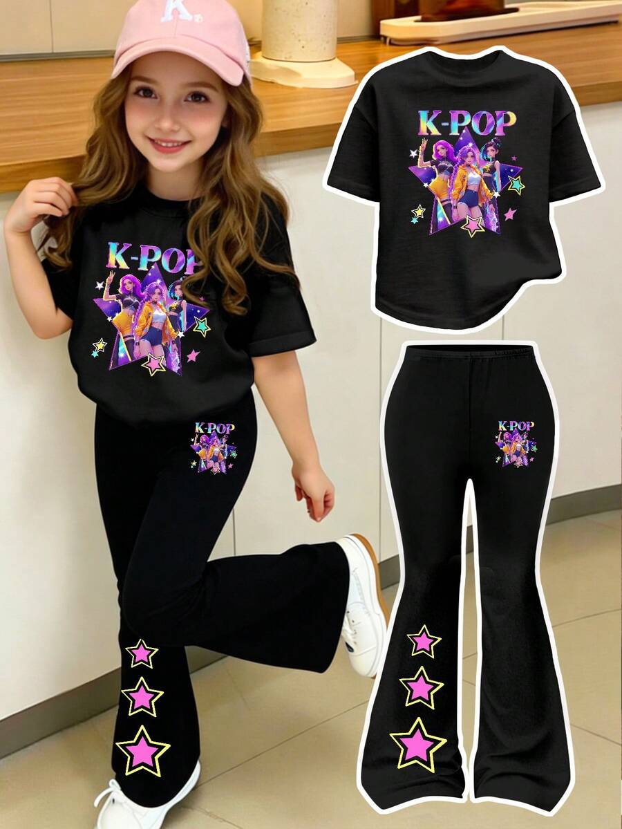 SHEIN 春夏少女休闲时尚创意个性清新简约酷炫虚拟少女团体彩色五角星图案字母标语印花休闲T恤和喇叭裤套装,舒适日常穿着 - 黑色 - 查看 1