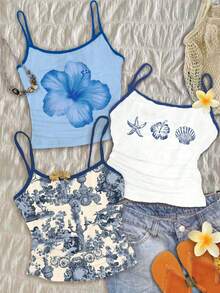 少女法式蓝天使雕像雕塑，花卉图案，奶油蓝水彩花卉，蓝色贝壳定位图案，性感撞色吊带背心，贴身休闲运动吊带背心，基础款三件套，海洋沙滩可爱沙滩上衣，夏季夏威夷夏季露脐上衣 - 彩色 - 查看 1