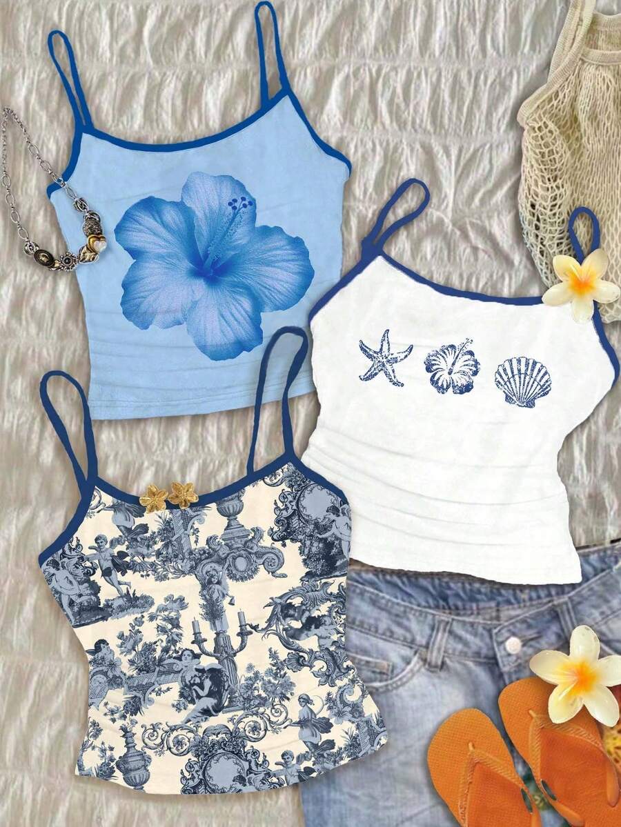 少女法式蓝天使雕像雕塑，花卉图案，奶油蓝水彩花卉，蓝色贝壳定位图案，性感撞色吊带背心，贴身休闲运动吊带背心，基础款三件套，海洋沙滩可爱沙滩上衣，夏季夏威夷夏季露脐上衣 - 彩色 - 查看 1