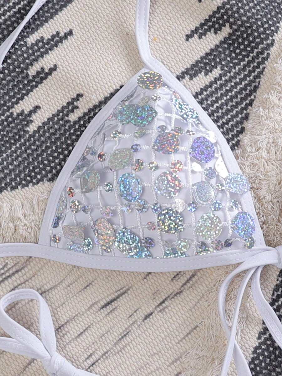 Swim Mod 女士泳装套装，时尚亮片性感三角比基尼上衣搭配常规侧系带泳裤，成人沙滩装 - 白色 - 查看 1