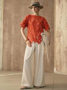 Arave Áo thun nữ thêu họa tiết, thanh lịch, thường ngày, cổ tròn, tay ngắn. - trái cam - Xem 2