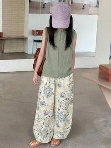 Dazy Kids 2pcs/Set Tween Girls Ditsy Floral Sleeveless Top And Pants Set, Autumn - Green - View 5