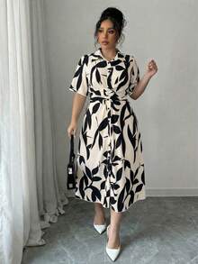 Elenzga Plus Size Casual Printed Short Sleeve Shirt Collar Dress - Apricot - View 7