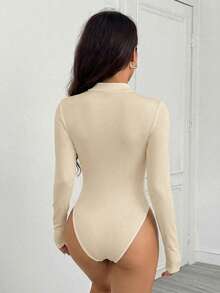 SHEIN PETITE Women Stand Collar Long Sleeve Casual Bodysuit - Apricot - View 3