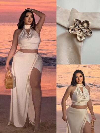 NU&NOW Plus Size Women's New Metallic Floral Decor High Slit Elastic Comfortable 2 Pieces Vacation Set Plus Size Sexy Dress Resort Wear Curve Plus Size Two Piece Set Plus Size Sets Curve 2 Piece