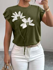 Elenzga Kaos Wanita Motif Bunga Tiga Dimensi Kontras yang Lucu untuk Musim Panas dan Gugur - Hijau Tentara - View 4