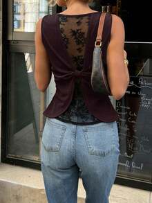 EMERY ROSE 女士春夏扭结蕾丝拼接腰部荷叶边下摆优雅通勤吊带衫 - 棕色 - 查看 6