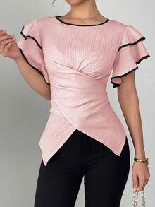 SHEIN Unity 女士双层荷叶袖系腰衬衫 - 粉色 - 查看 4