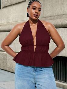 Maija Plus Size Women Solid Color Backless Halter Neck Top,Burgundy,Summer,Classy,Night Out Club Ruched V-Neck Camisole Spaghetti Strap Elegant Blouses - Burgundy - View 8