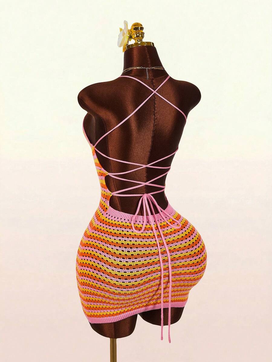 Amplova 女士度假沙滩条纹露背镂空针织连衣裙 - 西瓜粉 - 查看 1