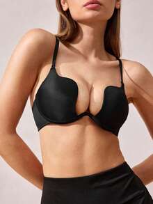 Women's Push Up Bra U Deep Plunge Padded Low Cut Underwire Bra, Lingerie - Black - View 4