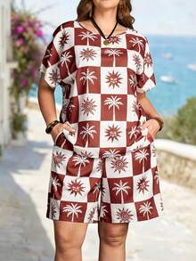 Rosumi 大码女式夏季沙滩度假格子热带印花蝙蝠袖宽松上衣和短裤两件套 夏季服装 沙滩度假服装 波西米亚风女装 度假套装 夏威夷风女装 大码女装 夏季服装 大码女式夏季套装 - 紅白色 - 查看 5