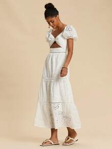 Travachic Women's Embroidered Twist Ruched Long Dress, Fashionable For Party And Occasions,White Dress,Elegant Dresses For Women,Embroidered Dress,Summer Outfits For Women,Summer Dresses For Women Tea Party Outfit Women 2 Piece Ladies Two Piece Outfits Brunch Outfits For Women 2 Piece - White - View 6