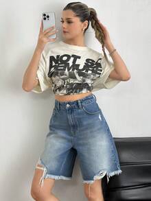 EURMUSE High Waist City Length Washed Blue Denim Short - Medium Wash - View 5