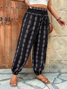 SHEIN LUNE Celana Harem Pinggang Elastis Motif Ukuran Besar, Celana Kasual untuk Liburan Musim Gugur - MultiWarna - View 6