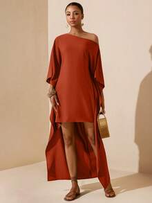 Vesra Women's Summer Minimalist Solid Color Asymmetric Hem Dress - Rust Brown - View 6