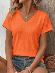 SHEIN LUNE Áo thun nữ tay ngắn cổ chữ V màu trơn, kiểu dáng thường ngày, đa năng. - trái cam - Xem 3