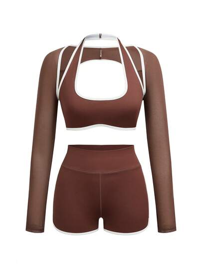 Innovista Women's Color Block Halter Neck Long Sleeve Top And Shorts Casual Sportswear Set