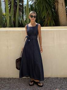 DAZY Women's Casual Washed Waist Belt Square Neck Sleeveless Slit Denim Dress, Summer - Dark Wash - View 3