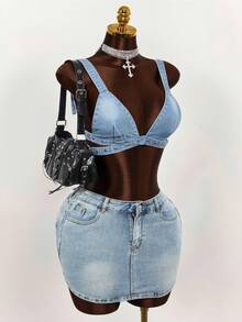 Slaydiva Women's Fashionable Street-Style Washed Eyelet Button-Up Denim Blouse, Summer - Blue - View 3