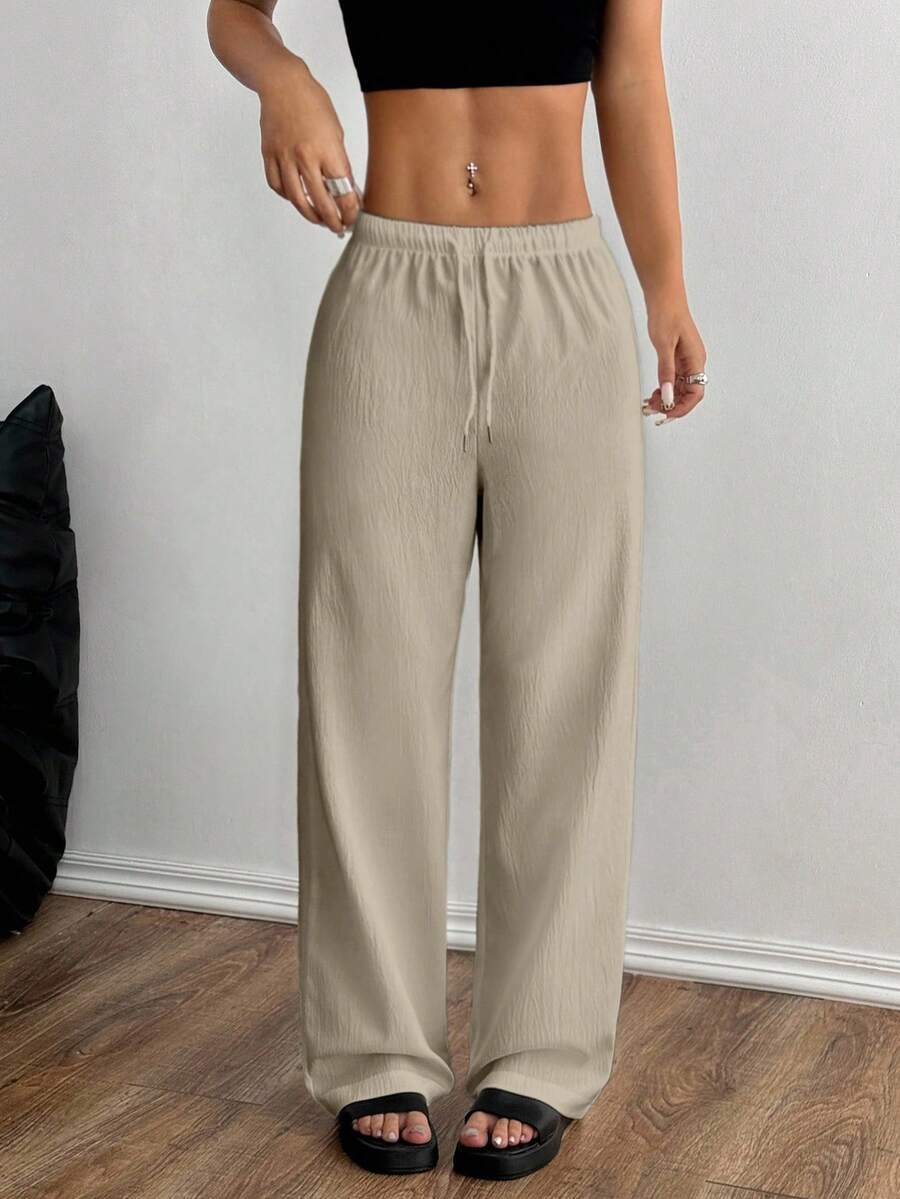 SHEIN Unity Women's Solid Color Elastic Waist Drawstring Straight Loose Pants ,Petite Women - Khaki - View 1